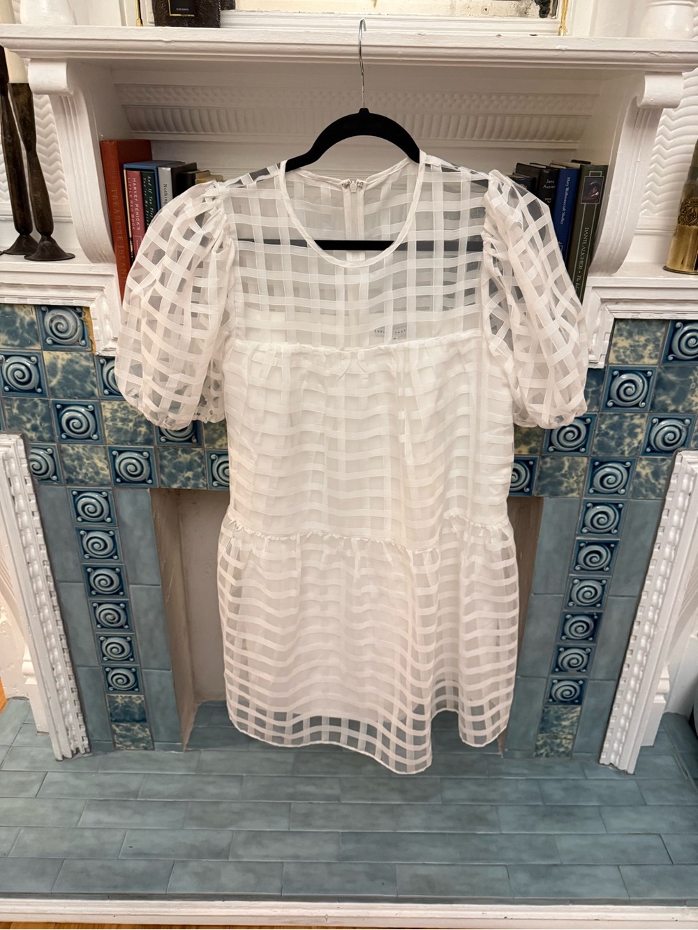 English Factory White Check Puff Sleeve Tiered Dress